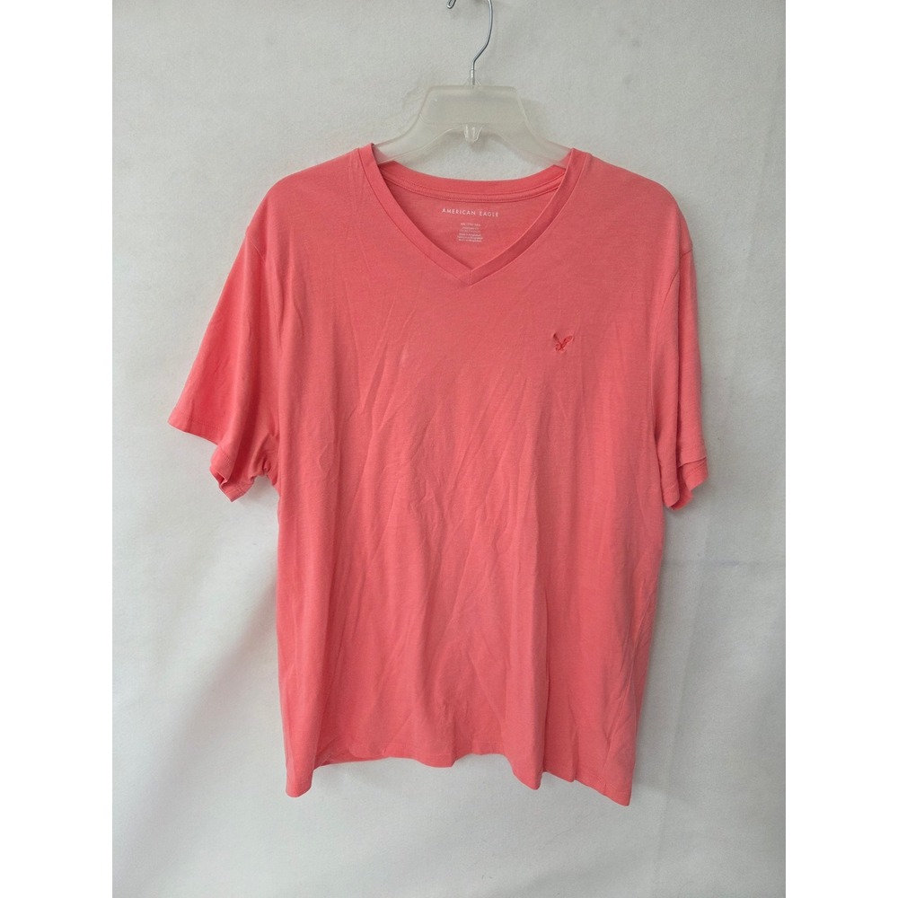 American Eagle Mens XXL Coral Pink V-Neck Short Sleeve T-Shirt Standard Fit Logo